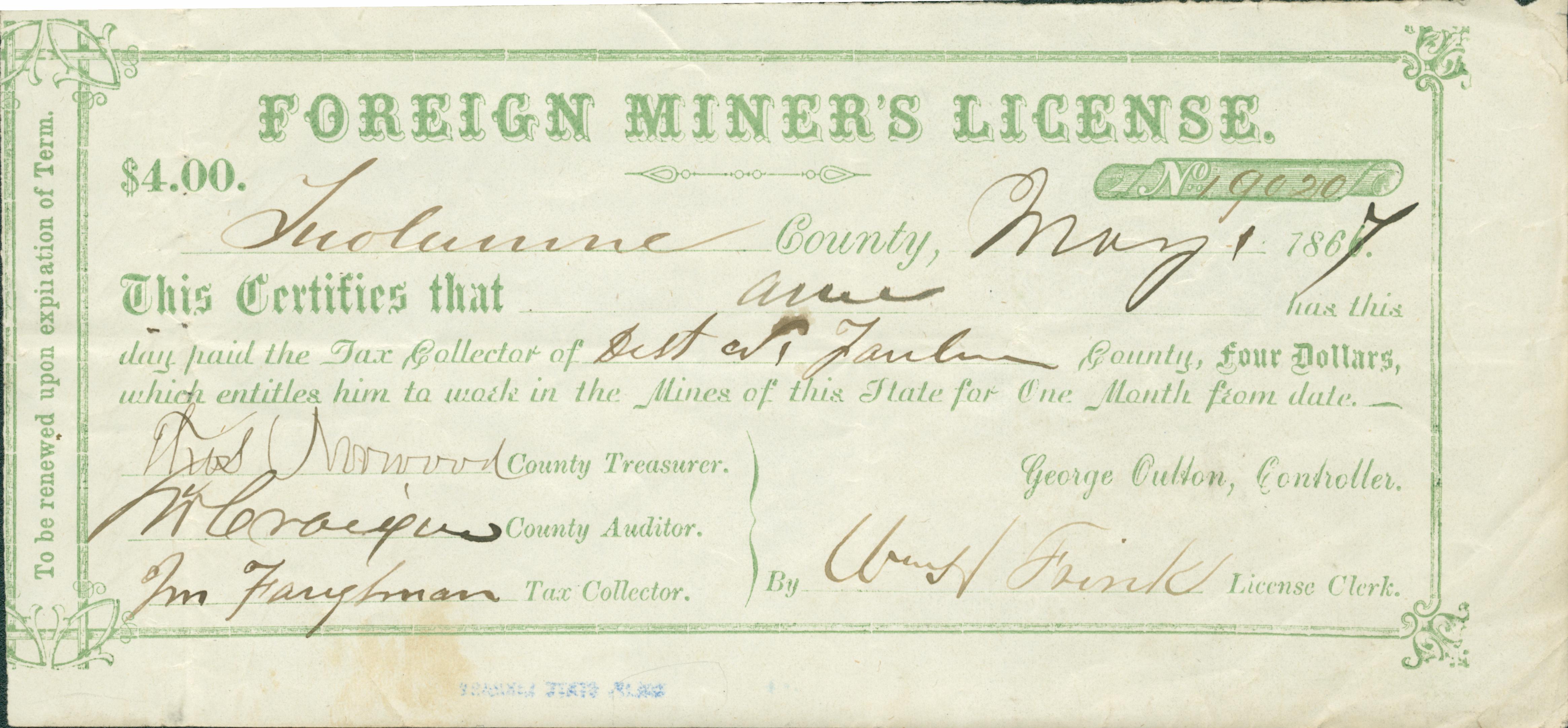 Foreign miner's license made out in 1867 in Tuolumne County